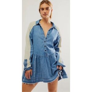 Free People Lightwash Denim Mini Dress with Cream Knit Sleeves